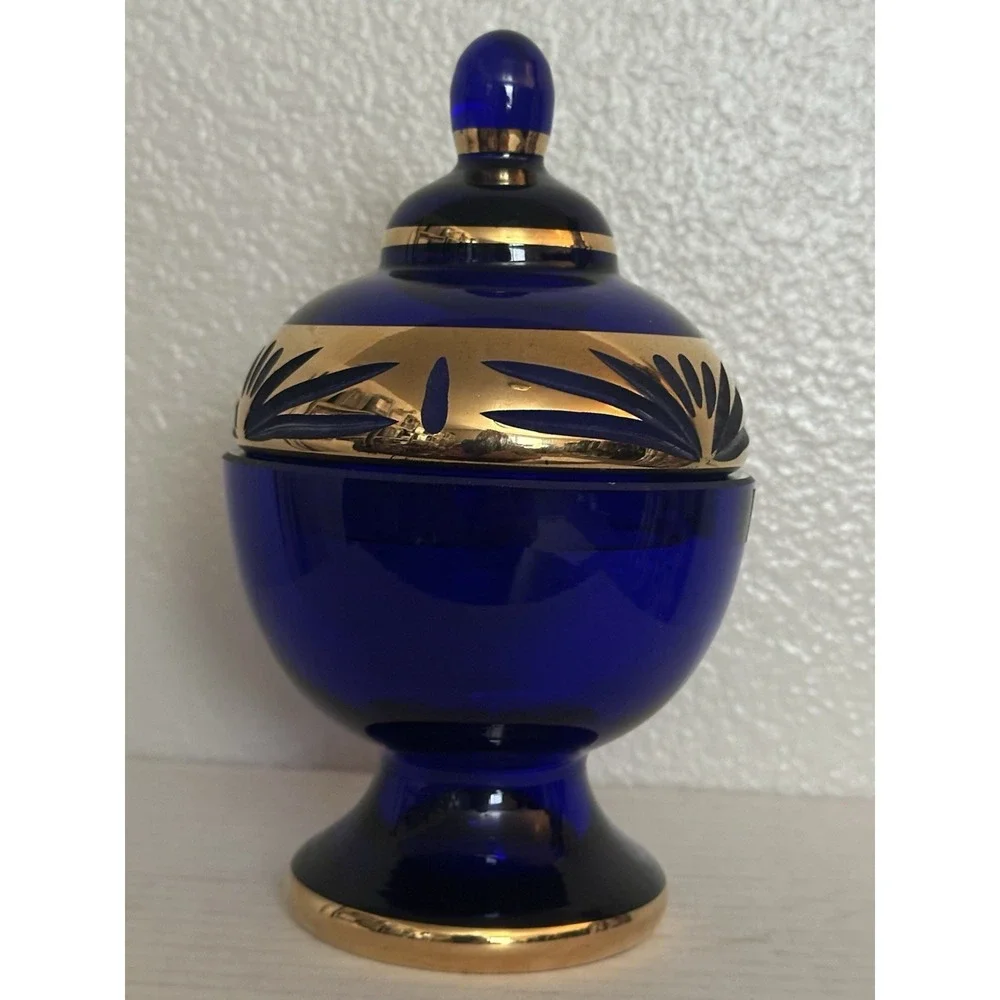 Irena Poland 24% Lead Crystal Cobalt Blue Gold Hand Cut Container Candy Dish Lid
